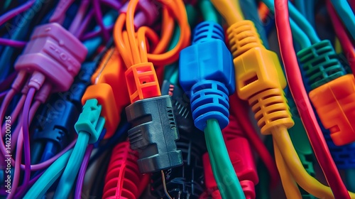 A colorful and tangled collection of various electronic cables and connectors including audio, video, power, and data types showcasing the complexity and vibrancy of modern wired technology setups.

