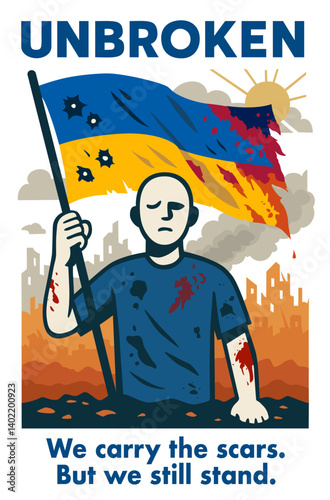 Brave Ukrainian resistance poster with wounded soldier holding torn national flag during war destruction, invasion protest art with scars of survival and strength, Vector Design, Isolated