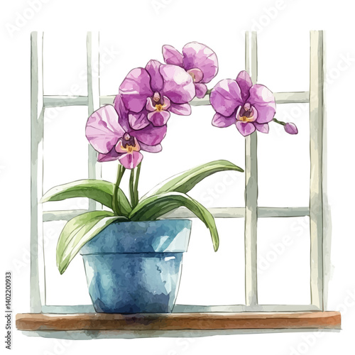 watercolor of Potted Orchid On A Windowsill, vector, isolated on a white background.