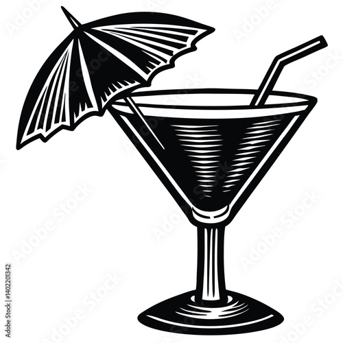 a cocktail glass with an umbrella