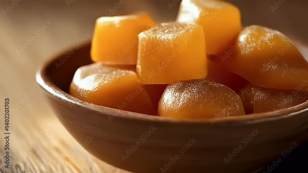 Orange Cube Candies in Rustic Brown Bowl Orange Cube Candies in Rustic Brown Bowl