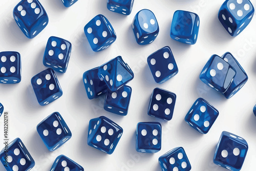 Blue gambling dice, macro isolated on white background, top view