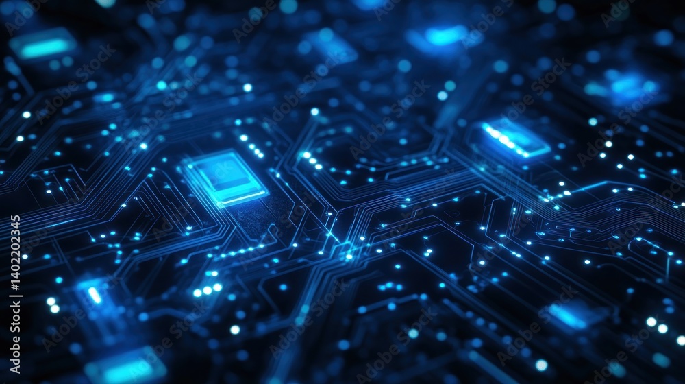 Fototapeta premium High-tech circuit board, glowing with blue light