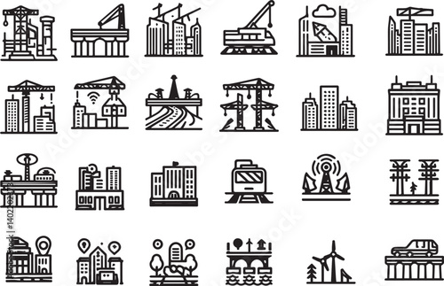 infrastructure icon set. Contains icons related ro public infrastructure. City elements.  line editable 
 vector illustration