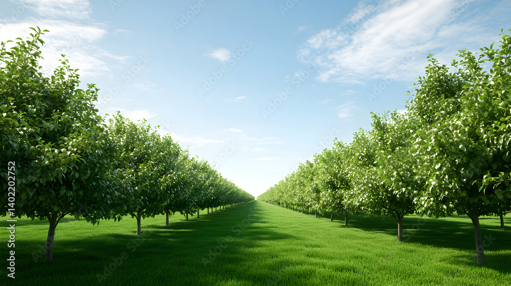 A tranquil landscape featuring a lush orchard lined with vibrant green trees under a clear blue sky. The serene surroundings offer a peaceful escape into nature's beauty. A tranquil landscape featuring a lush orchard lined with vibrant green trees under a clear blue sky. The serene surroundings offer a peaceful escape into nature's beauty.