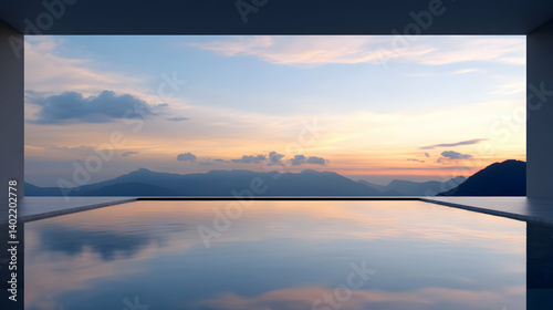 A tranquil scene showcasing the breathtaking sunrise over mountains, reflecting beautifully in a serene pool. Ideal for relaxation and travel-themed projects. photo
