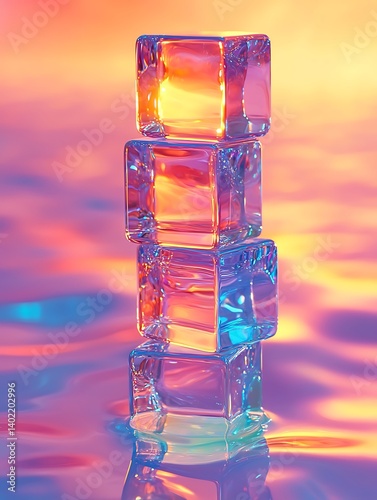 clean minimalist poster with stacked transparent cubes, suspended mid-air against soft pastel backdrop, sharp reflections, ambient glow, centered composition