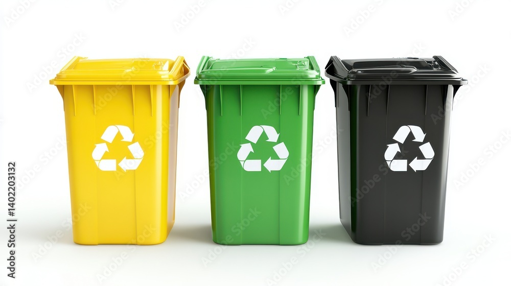 Collection of three recycling bins in different colors (black, green and yellow) isolated on a white background. Collection of three recycling bins in different colors (black, green and yellow) isolated on a white background.