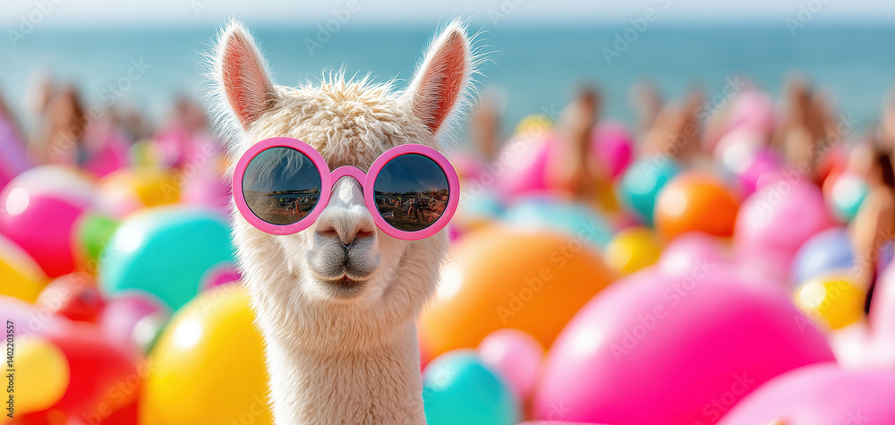 Fototapeta premium playful llama enjoys vibrant summer day at beach surrounded by colorful beach balls and cheerful people