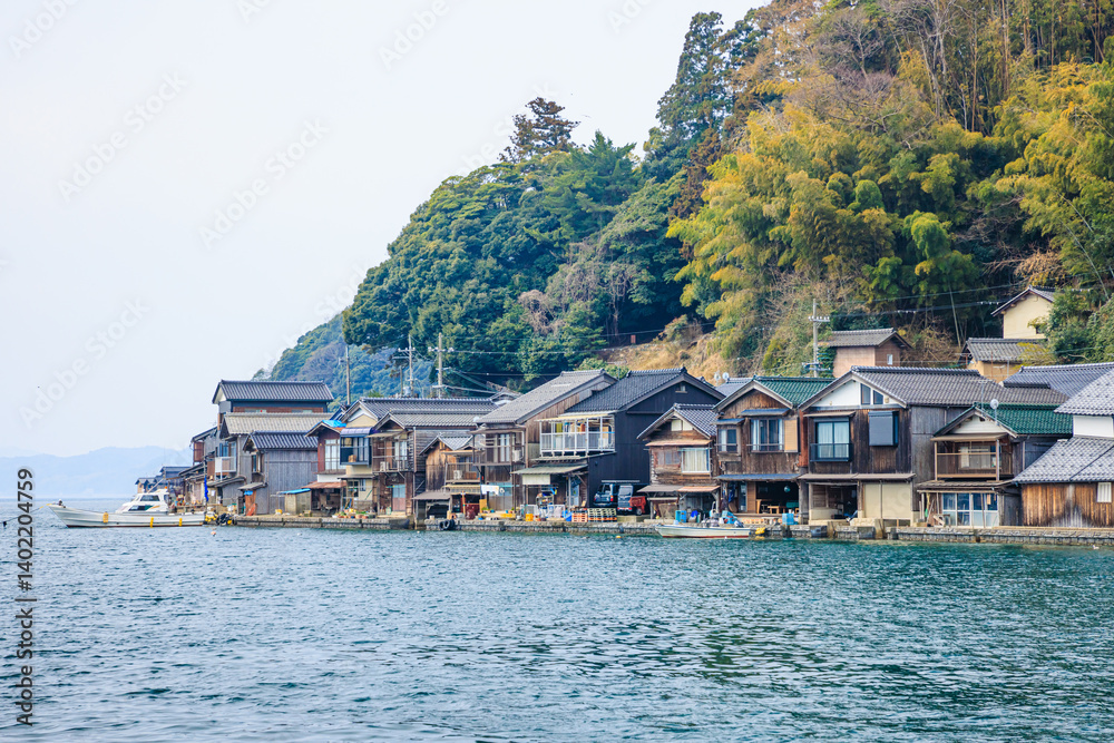 Naklejka premium 春の伊根の舟屋 京都府伊根町 Spring Funaya in Ine. Kyoto Pref, Ine town.