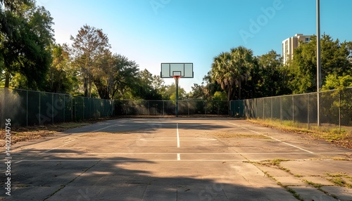 Abandoned Outdoor Basketball Court in Park Setting with Blue Skies