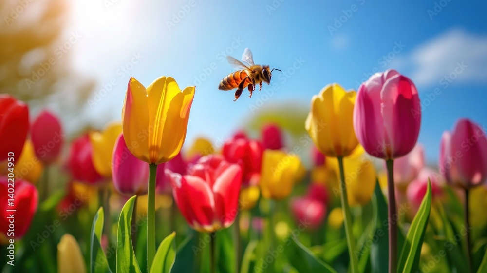 Obraz premium Honeybee pollinating colorful tulips in spring