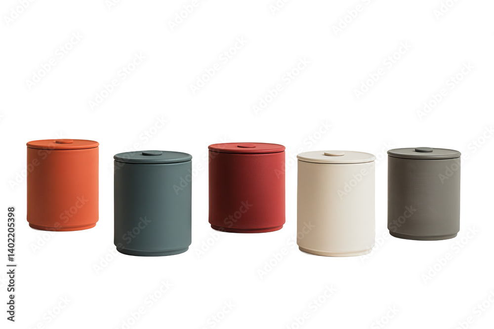 Five cylindrical containers with lids in various muted colors Five cylindrical containers with lids in various muted colors