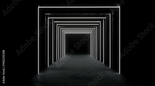 Glowing neon hallway, dark background, abstract architecture, futuristic corridor.  Image ideal for album art, website banners, sci-fi projects.