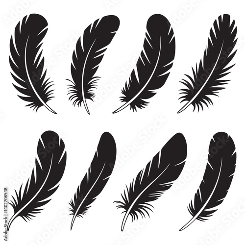 soft bird plumage set. Big set of bird feathers design. fluffy swan. Pen icons design. set of bird feathers design Vector Black silhouettes. with white background