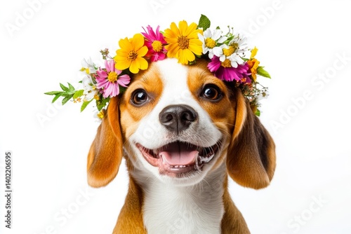 Cute baby dog bulldog wearing feral flower crown on its head - symbol of sunny summertime. Isolated ultramarine background, copy space, commercial idea. Professional studio artwork.