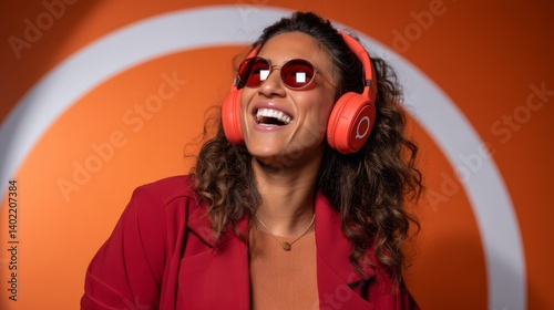 A young individual listens to music with joy, nodding their head in rhythm, showcasing a minimalist style against a bold orange backdrop