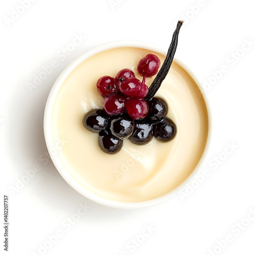 Smooth and creamy panna cotta with a silky texture and slight jiggle, isolated white background, modern art style