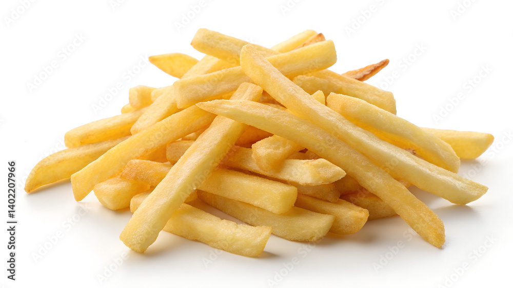 Freshly Cooked Golden French Fries Piled on a White Surface Freshly Cooked Golden French Fries Piled on a White Surface