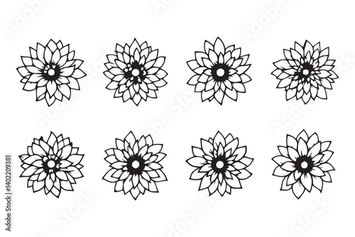 Set of 6 pec in two row Chrysanthemum black line art on white background