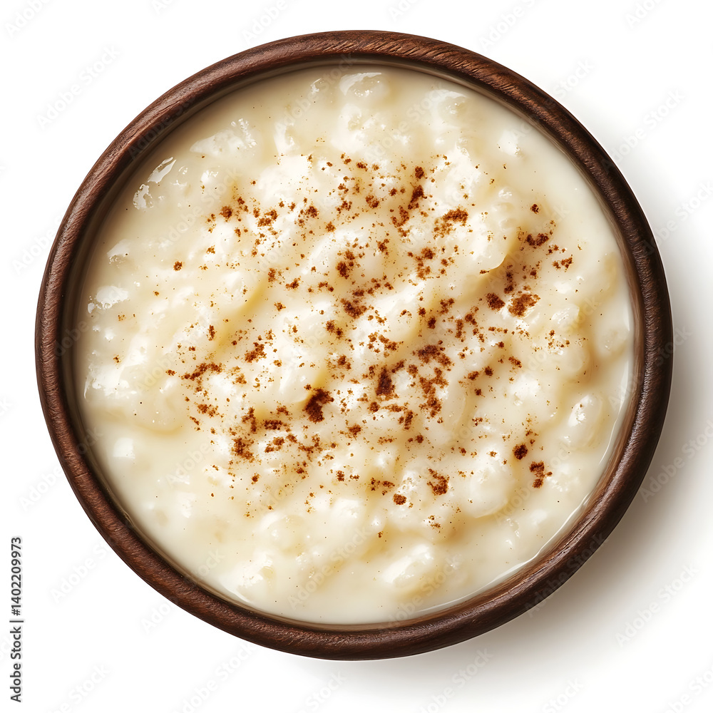 Smooth and creamy rice pudding with a rich vanilla flavor and a sprinkle of cinnamon, isolated white background, modern art style Smooth and creamy rice pudding with a rich vanilla flavor and a sprinkle of cinnamon, isolated white background, modern art style