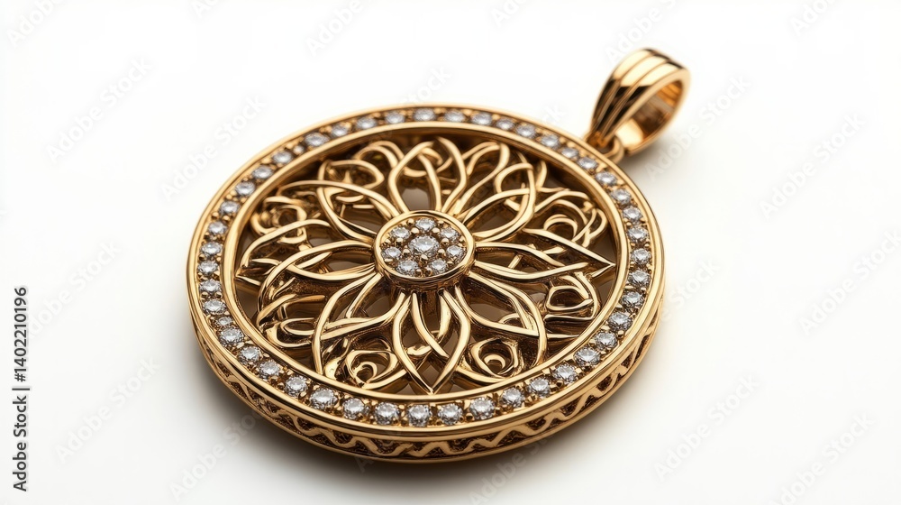 A circular gold pendant with intricate patterns and embedded sparkling brilliant diamonds, radiating opulence, on white background A circular gold pendant with intricate patterns and embedded sparkling brilliant diamonds, radiating opulence, on white background