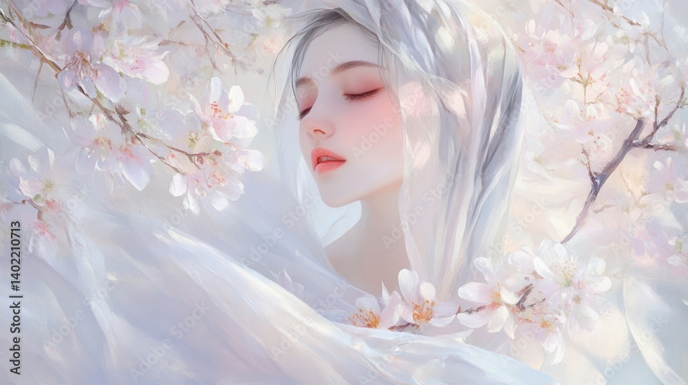 A serene girl in a delicate spring dream, surrounded by blossoming cherry blossoms. A serene girl in a delicate spring dream, surrounded by blossoming cherry blossoms.