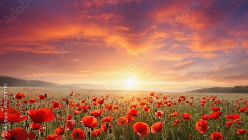 Poppy field at sunset