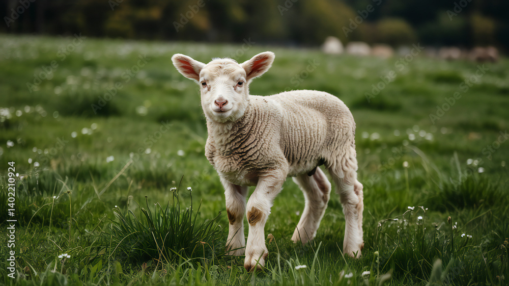Sweet spring lamb in lush meadow looks directly at the camera radiating pure innocence. Sweet spring lamb in lush meadow looks directly at the camera radiating pure innocence.
