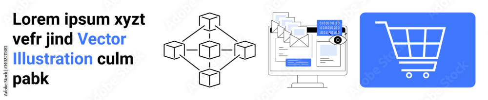 Blockchain interconnected cubes, document workflow on a desktop computer, and shopping cart icon. Ideal for blockchain, e-commerce, workflow management, technology, online stores, systems simple Blockchain interconnected cubes, document workflow on a desktop computer, and shopping cart icon. Ideal for blockchain, e-commerce, workflow management, technology, online stores, systems simple
