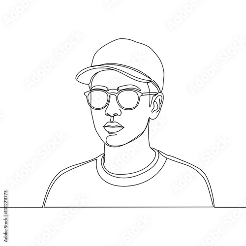 Line art of a young man wearing sunglasses and a cap   