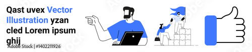 Man discussing task with laptop, worker stacking boxes, and thumbs-up symbol. Ideal for teamwork, logistics, productivity, project management, collaboration, communication flat landing page banner