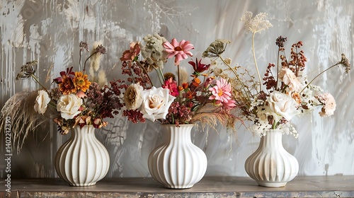 Three elegant white ceramic vases filled with colorful dried and fresh flowers in a rustic arrangement, displayed on a wooden table against an artistic textured wall for interior decor inspiration.
