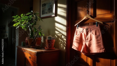 Peaceful warm sunlight illuminating pink shorts and houseplants in wooden interior