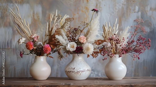 Three elegant white ceramic vases filled with colorful dried and fresh flowers in a rustic arrangement, displayed on a wooden table against an artistic textured wall for interior decor inspiration.
