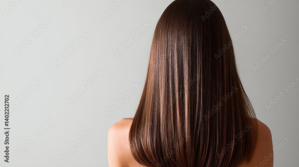 Naklejka premium Beautiful model girl with Brown hair strand,silky healthy chestnut wavy hair strand,hair wavy ribbon, with smooth,Keratin straightening,Treatment,straight long hair,procedures,Smooth hairstyle.