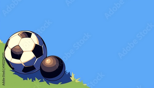 Soccer balls on grass, blue sky