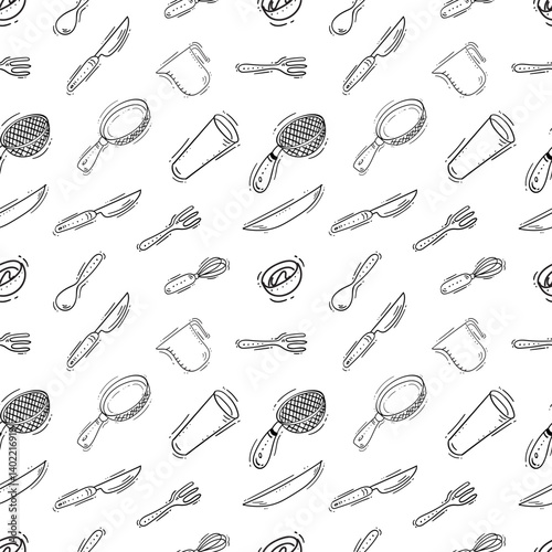 kitchen utensil pattern. kitchenware seamless pattern. doodle cooking utensil seamless pattern. doodle kitchen background