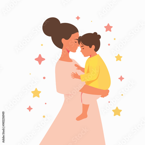 Mother cherishing her joyful child in a minimalistic setting, love