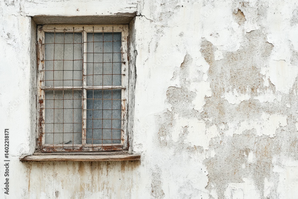 Fototapeta premium Rustic Window on Weathered Wall: A Glimpse of Time's Passage