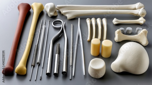 Collection of Surgical Instruments and Bone Models on Grey Background photo