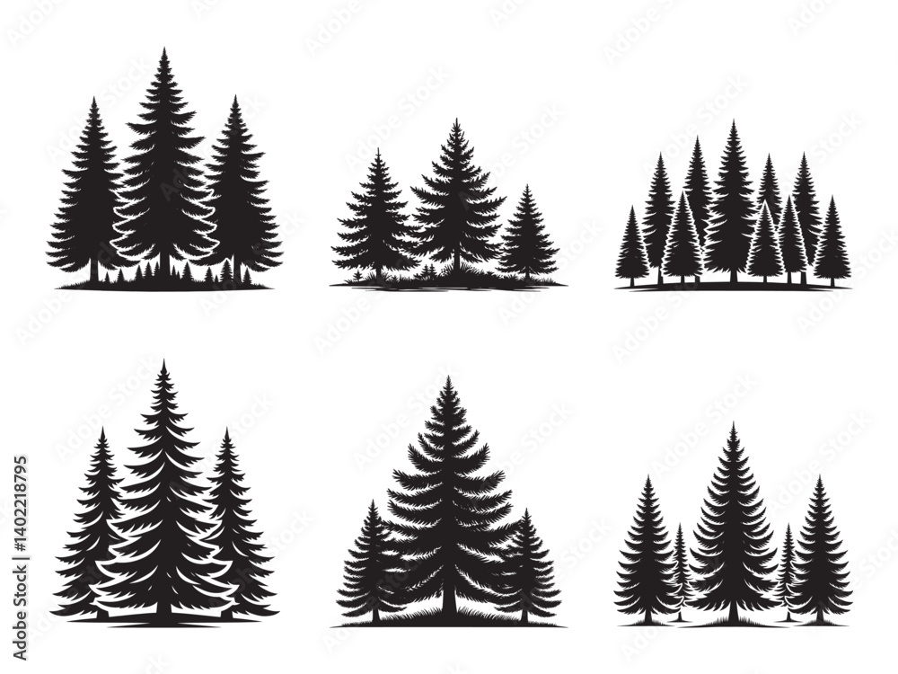Horizontal Pine tree forest set silhouette vector illustration isolated on white background Horizontal Pine tree forest set silhouette vector illustration isolated on white background