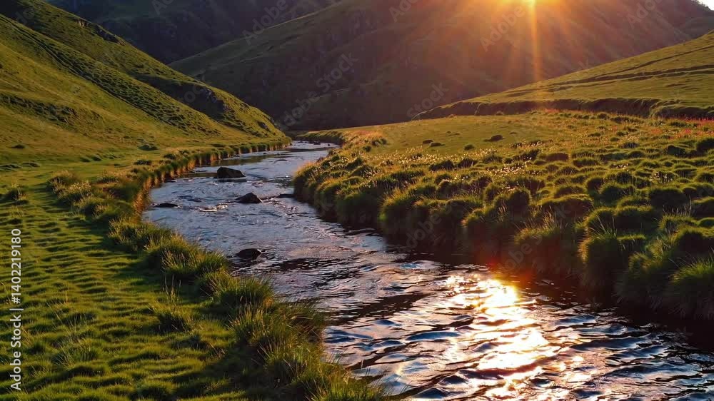 A serene landscape showcasing a peaceful river flowing through lush green hills under a clear blue sky, perfect for nature lovers.