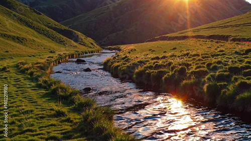 A serene landscape showcasing a peaceful river flowing through lush green hills under a clear blue sky, perfect for nature lovers.