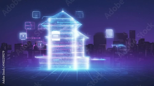 Intelligent building automation system business concept. Building consists digits and connected with icons of domestic smart devices