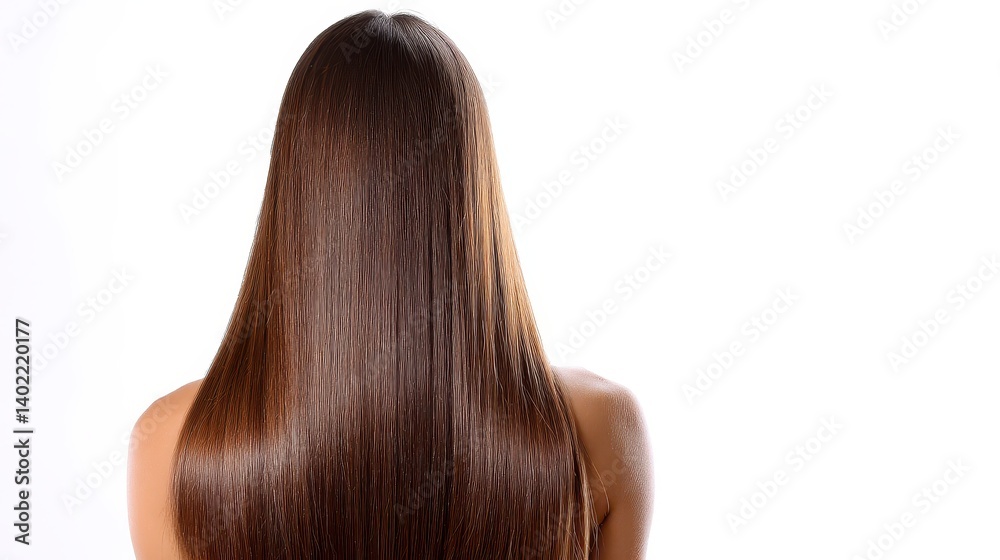 Naklejka premium Beautiful model girl with Brown hair strand,silky healthy chestnut wavy hair strand,hair wavy ribbon, with smooth,Keratin straightening,Treatment,straight long hair,procedures,Smooth hairstyle.