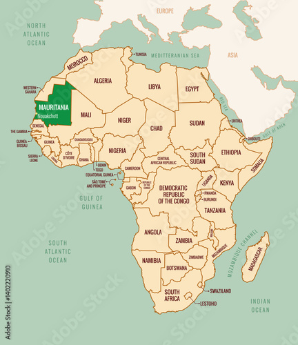 Map of Mauritania in Africa continent with border, country names, and capital names