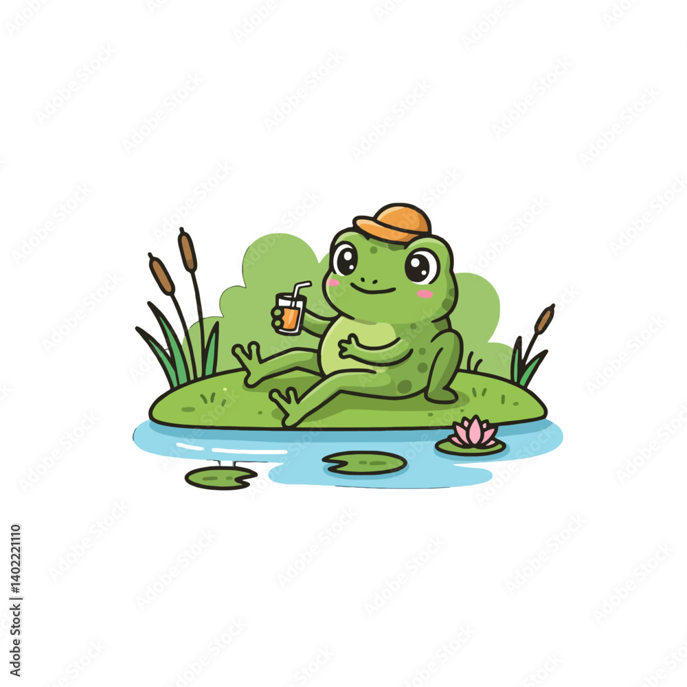 Obraz premium Cute cartoon frog enjoying a drink while relaxing on a lily pad in the pond