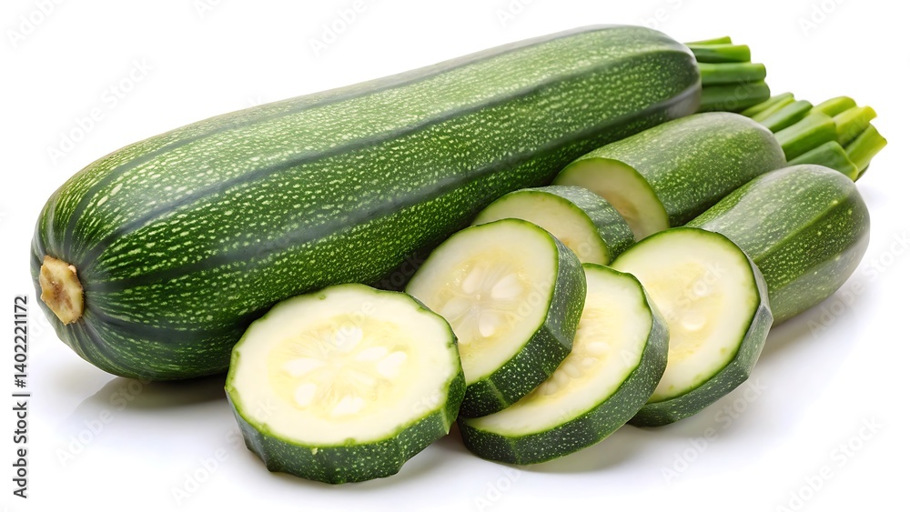 a zucchini, both whole and sliced on a white background a zucchini, both whole and sliced on a white background