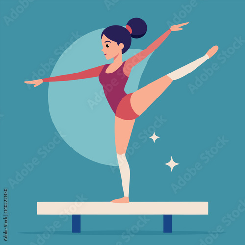 Gymnast performing an elegant balance pose on a beam in vector art 